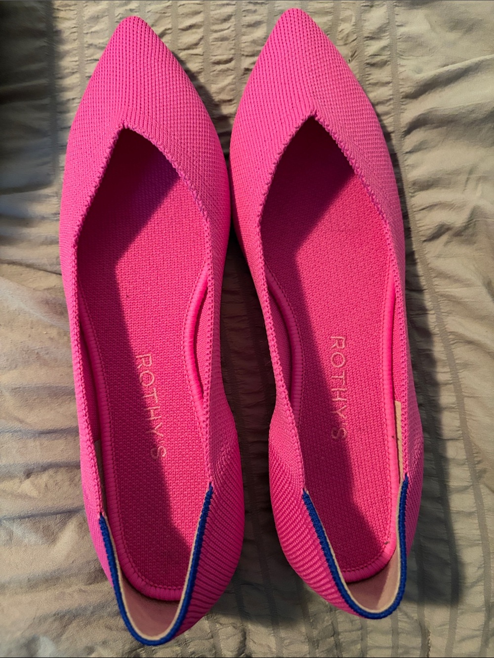 Rothy's Pointed Flat in Bright Pink with Blue Trim